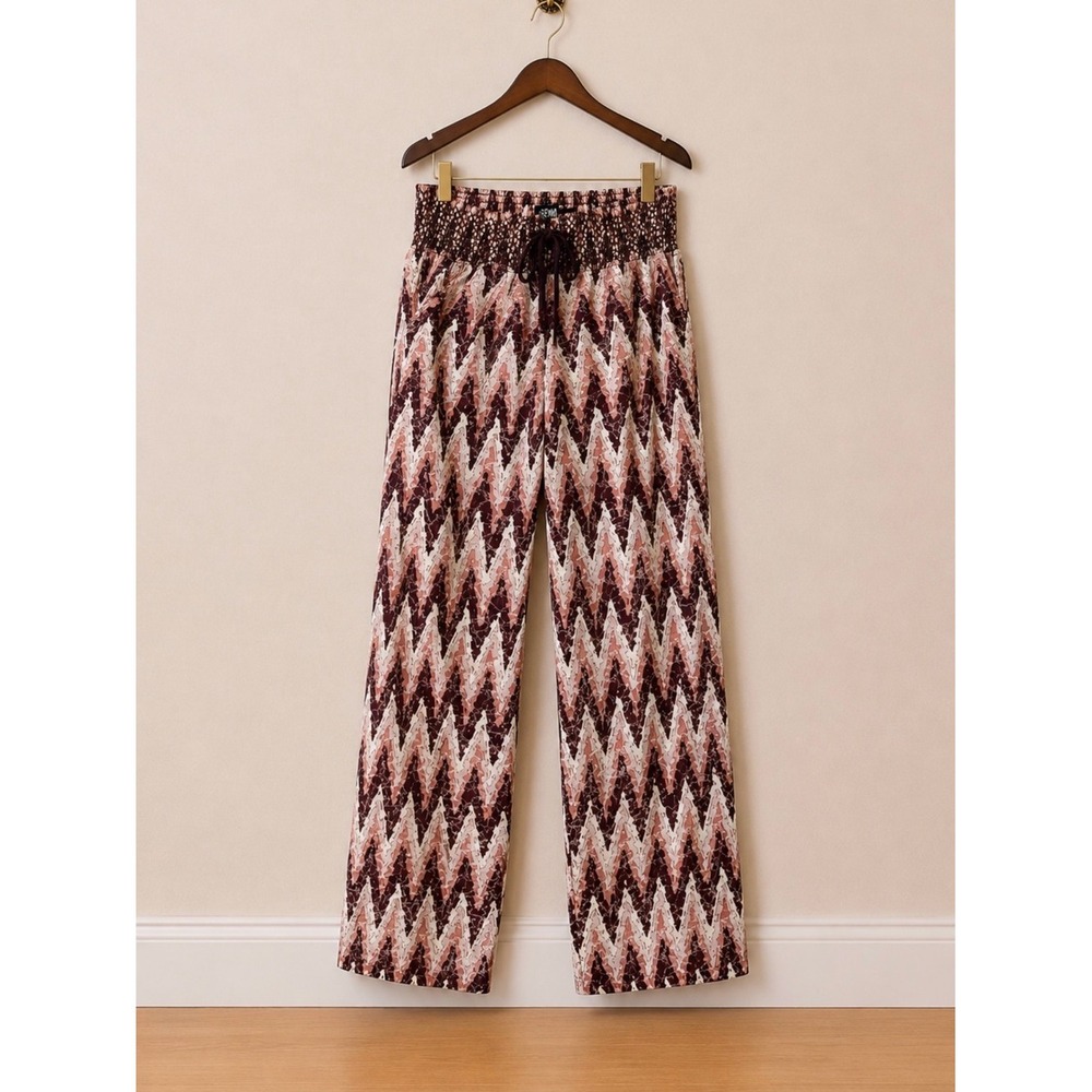 Rewash Brand Women Chevron Zigzag Smocked Wide Leg Palazzo Pants Burgundy L